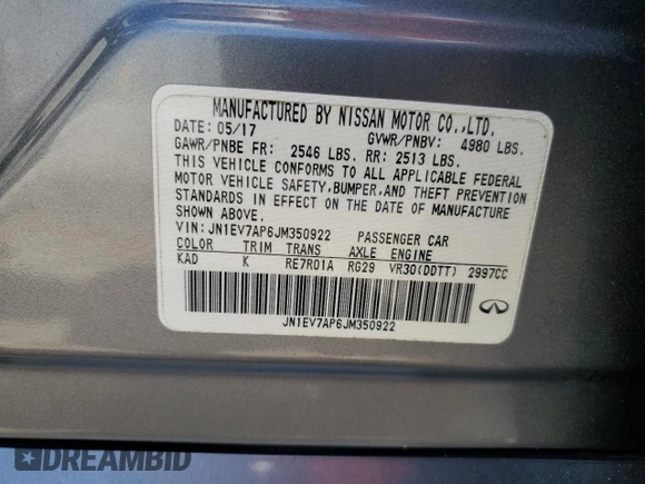 2018 Infiniti Q50 Luxe with VIN JN1EV7AP6JM350922, listed as a Copart auction lot 51506705 with 74,580 mi miles and Salvage Title. Bid and sale history available at DreamBid. Image 14.