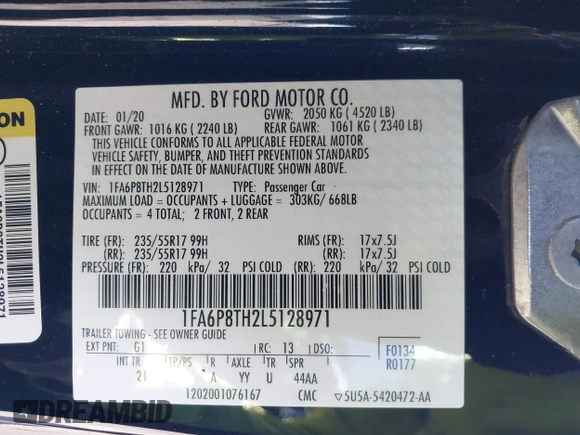 2020 Ford Mustang EcoBoost with VIN 1FA6P8TH2L5128971, listed as a IAAI auction lot 41858299 with 31,207 mi miles. Bid and sale history available at carsss.com. Image 9.