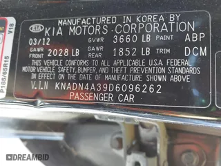 2013 Kia Rio EX with VIN KNADN4A39D6096262, listed as a IAAI auction lot 41094665 with 120,919 mi miles. Bid and sale history available at carsss.com. Image 9.