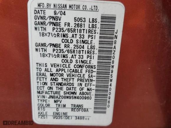 2005 Nissan Murano S with VIN JN8AZ08W95W400960, listed as a Copart auction lot 82008614 with 164,167 mi miles and Salvage Title. Bid and sale history available at carsss.com. Image 13.