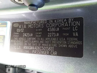 2012 Kia Optima Hybrid with VIN KNAGM4AD6C5015831, listed as a IAAI auction lot 41807913 with 156,197 mi miles. Bid and sale history available at carsss.com. Image 9.