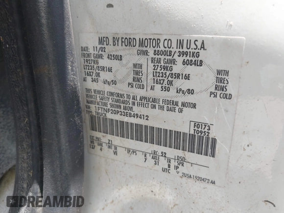 2003 Ford F-250 XL с VIN 1FTNF20P33EB49412, выставлен на аукционе IAAI как лот 42491529 с пробегом Не указан миль и . История ставок и продаж доступна на DreamBid. Изображение 9.