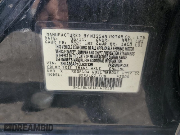 2012 Nissan Sentra S with VIN 3N1AB6AP1CL632139, listed as a Copart auction lot 47502305 with 112,366 mi miles and Clean Title. Bid and sale history available at DreamBid. Image 12.