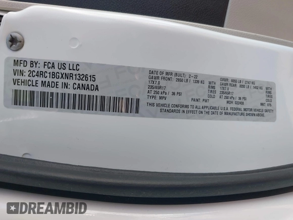 2022 Chrysler Pacifica Touring L with VIN 2C4RC1BGXNR132615, listed as a IAAI auction lot 41643983 with 45,717 mi miles and . Bid and sale history available at DreamBid. Image 9.