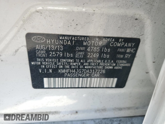 2013 Hyundai Azera with VIN KMHFH4JG7DA317226, listed as a Copart auction lot 62919065 with Not provided miles and Clean title. Bid and sale history available at DreamBid. Image 12.