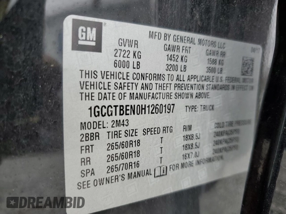 2017 Chevrolet Colorado 4WD WT with VIN 1GCGTBEN0H1260197, listed as a Copart auction lot 53129935 with 112,502 mi miles and Salvage title. Bid and sale history available at DreamBid. Image 12.