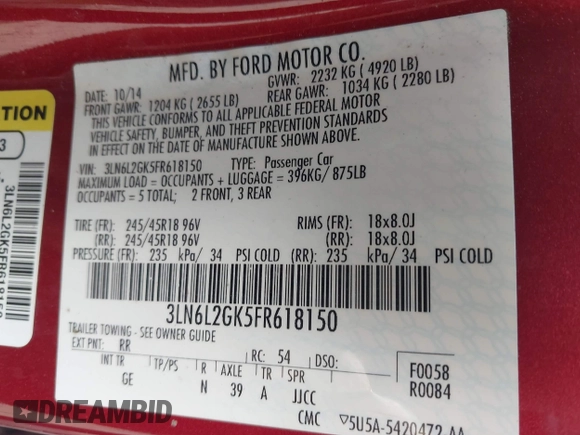 2015 Lincoln MKZ with VIN 3LN6L2GK5FR618150, listed as a IAAI auction lot 41898829 with 135,643 mi miles. Bid and sale history available at carsss.com. Image 9.