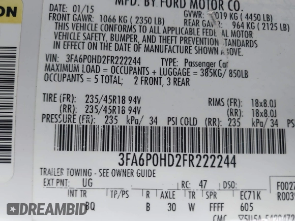 2015 Ford Fusion SE with VIN 3FA6P0HD2FR222244, listed as a IAAI auction lot 41932249 with 113,685 mi miles. Bid and sale history available at carsss.com. Image 9.