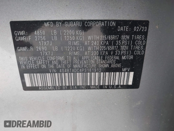 2023 Subaru Outback Premium with VIN 4S4BTADC4P3181912, listed as a IAAI auction lot 42290526 with 3,344 mi miles and . Bid and sale history available at DreamBid. Image 9.