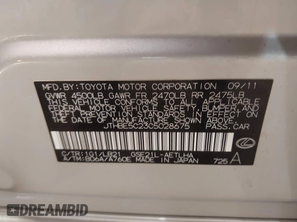 2012 Lexus IS 350 with VIN JTHBE5C23C5028675, listed as a IAAI auction lot 41504992 with 152,577 mi miles and . Bid and sale history available at DreamBid. Image 9.