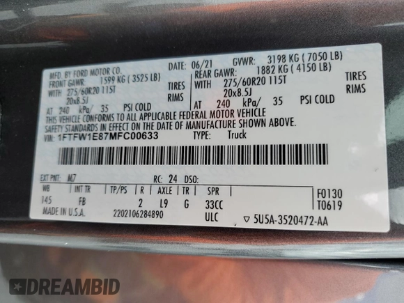2021 Ford F-150 XL with VIN 1FTFW1E87MFC00633, listed as a Copart auction lot 65318235 with 91,264 mi miles and Salvage title. Bid and sale history available at DreamBid. Image 13.