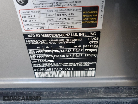 2007 Mercedes-Benz M 350 with VIN 4JGBB86E87A200743, listed as a Copart auction lot 49951635 with 184,036 mi miles and Salvage Title. Bid and sale history available at DreamBid. Image 15.