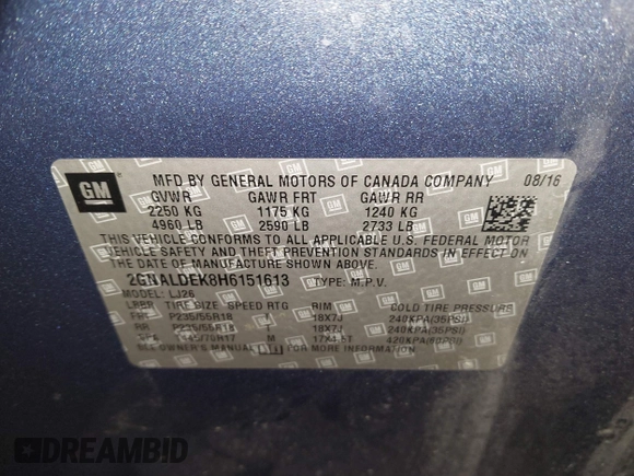 2017 Chevrolet Equinox Premier with VIN 2GNALDEK8H6151613, listed as a IAAI auction lot 41405163 with 73,978 mi miles and . Bid and sale history available at DreamBid. Image 9.