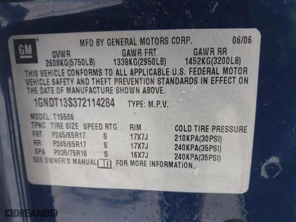 2007 Chevrolet TrailBlazer LT with VIN 1GNDT13S372114284, listed as a IAAI auction lot 41232494 with 1,547,389 mi miles. Bid and sale history available at carsss.com. Image 9.