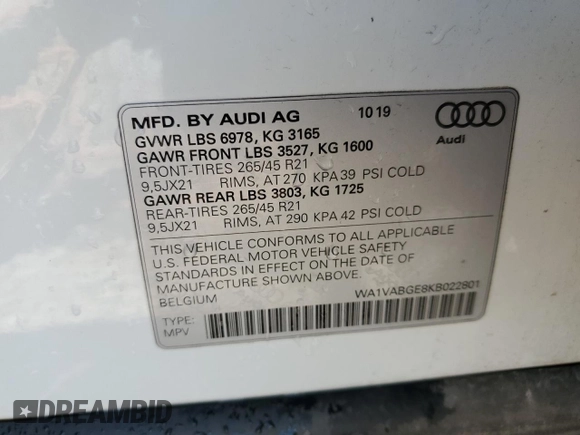 2019 Audi e-tron Prestige with VIN WA1VABGE8KB022801, listed as a Copart auction lot 52213123 with 28,988 mi miles. Bid and sale history available at carsss.com. Image 12.