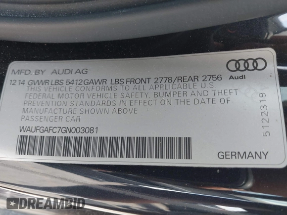 2016 Audi A6 Premium Plus with VIN WAUFGAFC7GN003081, listed as a IAAI auction lot 42054259 with 138,944 mi miles and . Bid and sale history available at DreamBid. Image 9.