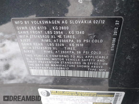 2012 Volkswagen Touareg Sport z VIN WVGEF9BP4CD008517, wystawiony jako IAAI lot #41386971 z przebiegiem 179 306 mil mil oraz . Historia ofert i sprzedaży dostępna na DreamBid. Obrazek 9.