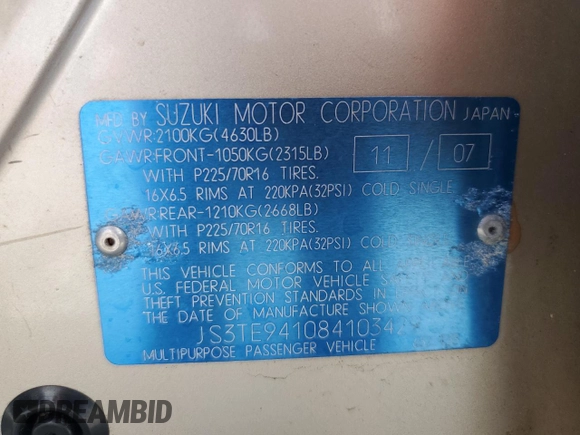 2008 Suzuki Grand Vitara z VIN JS3TE941084103429, wystawiony jako Copart lot #59102125 z przebiegiem 168 633 mil mil oraz Szkoda całkowita • Salvage title. Historia ofert i sprzedaży dostępna na DreamBid. Obrazek 12.