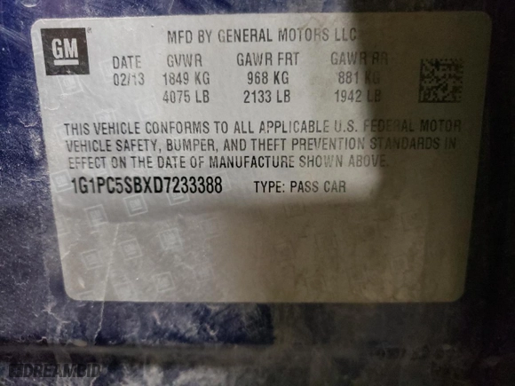 2013 Chevrolet Cruze 1LT with VIN 1G1PC5SBXD7233388, listed as a Copart auction lot 48395005 with 193,088 mi miles and Salvage Title. Bid and sale history available at carsss.com. Image 14.