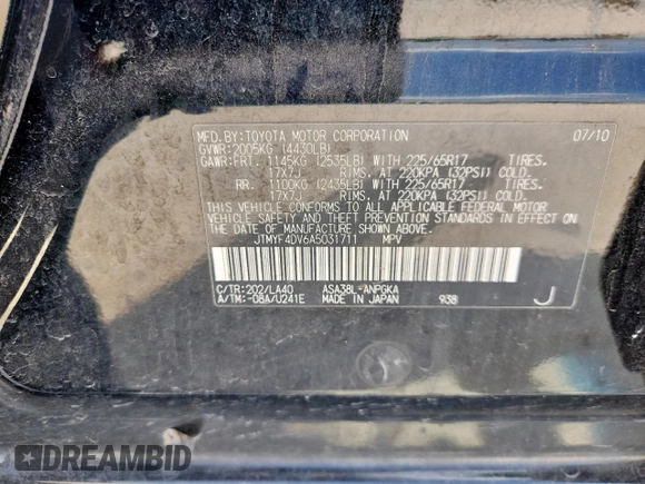 2010 Toyota RAV4 Limited with VIN JTMYF4DV6A5031711, listed as a Copart auction lot 58504215 with 171,428 mi miles and Salvage title. Bid and sale history available at DreamBid. Image 14.
