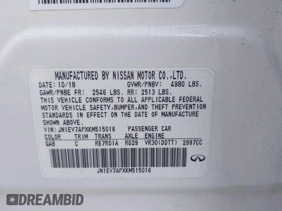 2019 Infiniti Q50 Luxe с VIN JN1EV7APXKM515016, выставлен на аукционе IAAI как лот 41356797 с пробегом 127 086 миль миль и . История ставок и продаж доступна на DreamBid. Изображение 9.