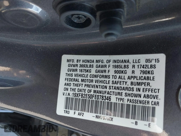 2015 Honda Civic Sedan LX with VIN 19XFB2E50FE078346, listed as a IAAI auction lot 41906523 with 68,013 mi miles. Bid and sale history available at carsss.com. Image 9.