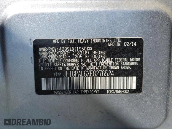 2014 Subaru Impreza Special Sports Premium with VIN JF1GPAL6XE8276524, listed as a Copart auction lot 55461935 with Not Provided miles and Salvage Title. Bid and sale history available at DreamBid. Image 12.