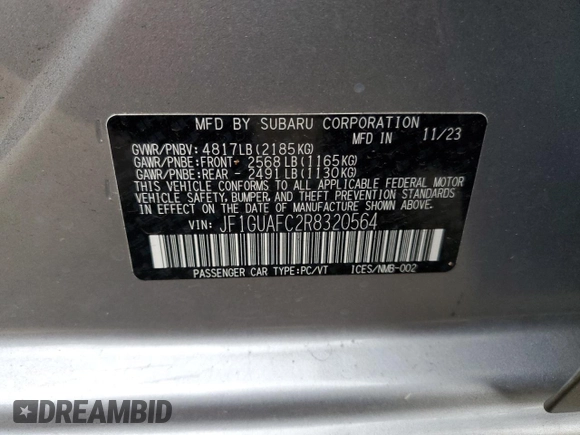 2024 Subaru Impreza Sport with VIN JF1GUAFC2R8320564, listed as a Copart auction lot 86021304 with 10,631 mi miles and Salvage Title. Bid and sale history available at carsss.com. Image 12.