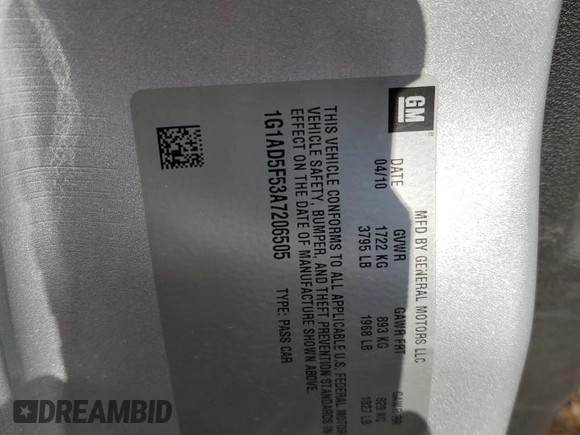 2010 Chevrolet Cobalt 1LT with VIN 1G1AD5F53A7206505, listed as a Copart auction lot 43352745 with Not Provided miles and Salvage Title. Bid and sale history available at DreamBid. Image 12.