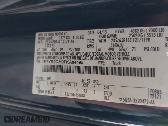 2015 Ford Transit Cargo with VIN 1FTYR2CM9FKA84495, listed as a IAAI auction lot 42653672 with 117,813 mi miles and . Bid and sale history available at DreamBid. Image 9.