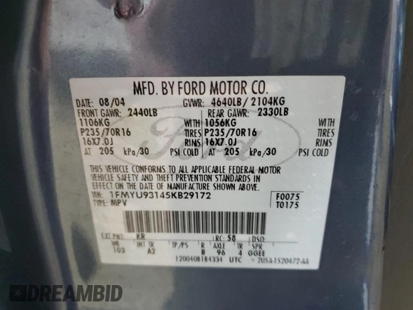 2005 Ford Escape XLT z VIN 1FMYU93145KB29172, wystawiony jako Copart lot #57724475 z przebiegiem 146 236 mil mil oraz Szkoda całkowita • Salvage title. Historia ofert i sprzedaży dostępna na DreamBid. Obrazek 13.