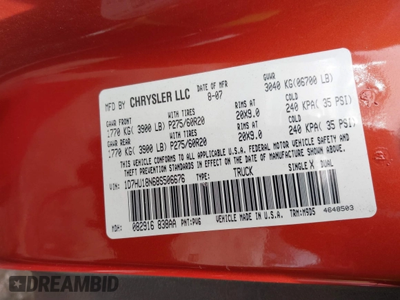 2008 Dodge 1500 SLT z VIN 1D7HU18N68S506676, wystawiony jako IAAI lot #41839733 z przebiegiem 107 235 mil mil oraz . Historia ofert i sprzedaży dostępna na DreamBid. Obrazek 9.