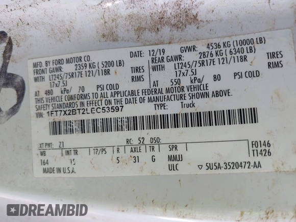 2020 Ford F-250 XL with VIN 1FT7X2BT2LEC53597, listed as a IAAI auction lot 42404660 with 94,425 mi miles and . Bid and sale history available at DreamBid. Image 9.