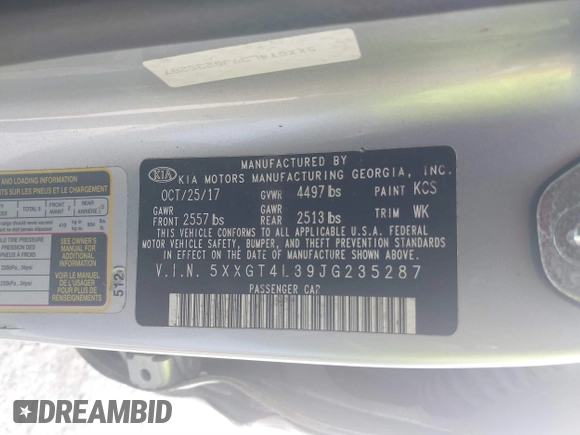 2018 Kia Optima LX with VIN 5XXGT4L39JG235287, listed as a IAAI auction lot 41802035 with 96,412 mi miles. Bid and sale history available at carsss.com. Image 9.