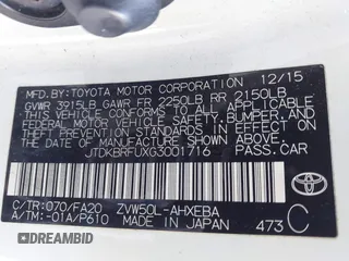 2016 Toyota Prius Two with VIN JTDKBRFUXG3001716, listed as a IAAI auction lot 42009763 with 177,132 mi miles and . Bid and sale history available at carsss.com. Image 9.