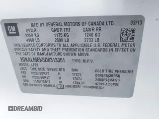2013 GMC Terrain SLE with VIN 2GKALMEK8D6313361, listed as a IAAI auction lot 41828934 with 171,463 mi miles. Bid and sale history available at carsss.com. Image 9.