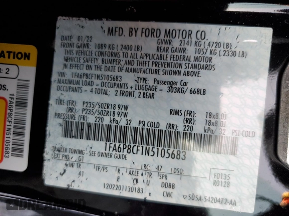2022 Ford Mustang GT with VIN 1FA6P8CF1N5105683, listed as a Copart auction lot 46251905 with 49,344 mi miles and Salvage title. Bid and sale history available at DreamBid. Image 15.