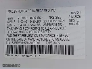 2021 Honda CR-V EX with VIN 5J6RW1H56MA001997, listed as a IAAI auction lot 41555434 with 43,083 mi miles. Bid and sale history available at carsss.com. Image 9.