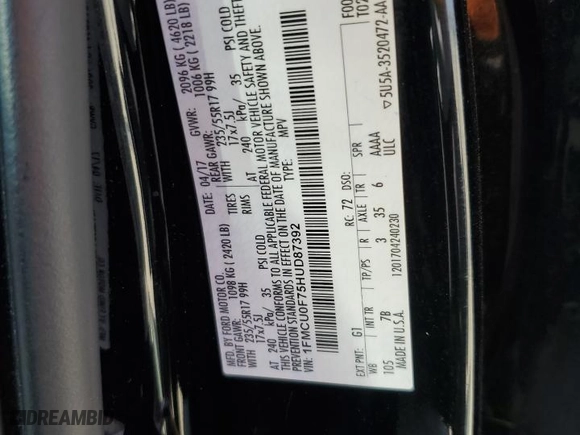 2017 Ford Escape S with VIN 1FMCU0F75HUD87392, listed as a Copart auction lot 54183555 with 192,661 mi miles and Clean Title. Bid and sale history available at carsss.com. Image 13.