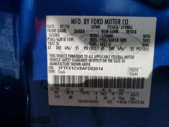 2010 Ford F-150 XL z VIN 1FTFX1CV5AFD02014, wystawiony jako Copart lot #58391325 z przebiegiem 257 809 mil mil oraz Szkoda całkowita • Salvage title. Historia ofert i sprzedaży dostępna na DreamBid. Obrazek 12.