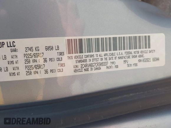 2012 Volkswagen Routan SE with VIN 2C4RVABG7CR309337, listed as a IAAI auction lot 42610070 with 117,214 mi miles and . Bid and sale history available at DreamBid. Image 9.