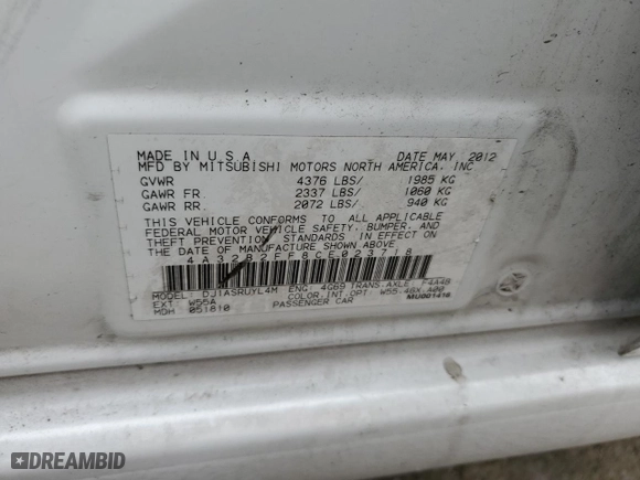 2012 Mitsubishi Galant FE with VIN 4A32B2FF8CE023718, listed as a Copart auction lot 53543365 with 122,667 mi miles and Salvage Title. Bid and sale history available at carsss.com. Image 14.