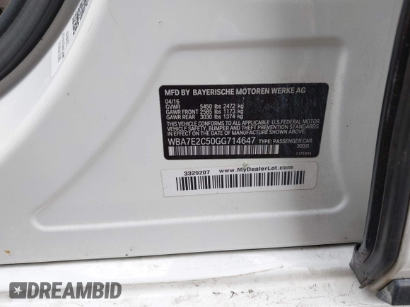 2016 BMW 7 Series 740i with VIN WBA7E2C50GG714647, listed as a IAAI auction lot 41745442 with 134,399 mi miles and . Bid and sale history available at carsss.com. Image 9.