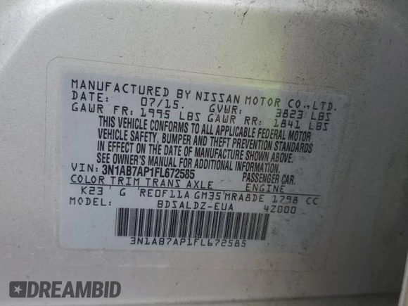 2015 Nissan Sentra SV with VIN 3N1AB7AP1FL672585, listed as a Copart auction lot 49701465 with 116,863 mi miles and Salvage Title. Bid and sale history available at DreamBid. Image 14.