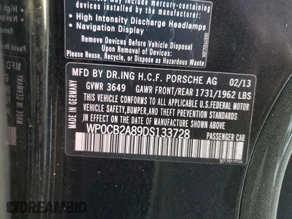 2013 Porsche Boxster S with VIN WP0CB2A89DS133728, listed as a Copart auction lot 73881104 with 0 mi miles and Non Repairable. Bid and sale history available at carsss.com. Image 13.