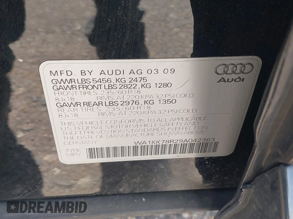 2009 Audi Q5 Premium Plus z VIN WA1KK78R29A042363, wystawiony jako IAAI lot #42190373 z przebiegiem 175 742 mil mil oraz . Historia ofert i sprzedaży dostępna na DreamBid. Obrazek 9.