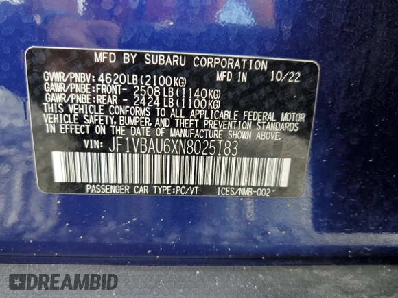 2022 Subaru WRX GT with VIN JF1VBAU6XN8025183, listed as a Copart auction lot 61403135 with 31,335 mi miles and Salvage title. Bid and sale history available at DreamBid. Image 13.