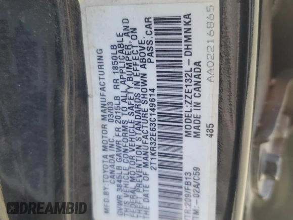 2003 Toyota Matrix Std z VIN 2T1KR32E63C149614, wystawiony jako Copart lot #48854575 z przebiegiem 251 324 mil mil oraz Czysty tytuł • Clean title. Historia ofert i sprzedaży dostępna na DreamBid. Obrazek 12.