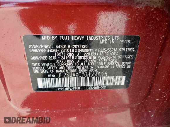 2016 Subaru Forester Touring z VIN JF2SJAXC7GH550028, wystawiony jako Copart lot #60405195 z przebiegiem 62 899 mil mil oraz Szkoda całkowita • Salvage title. Historia ofert i sprzedaży dostępna na DreamBid. Obrazek 12.