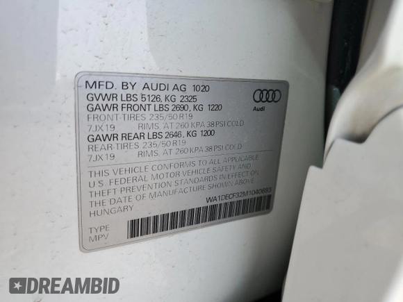2021 Audi Q3 S line Premium with VIN WA1DECF32M1040693, listed as a Copart auction lot 53124635 with 11,191 mi miles and Salvage Title. Bid and sale history available at DreamBid. Image 12.